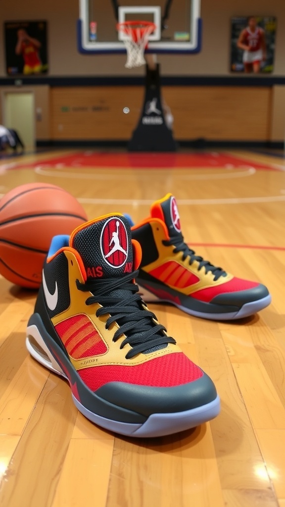 Stephen Curry 4 basketball shoes on a hardwood court with a basketball and hoop in the background.